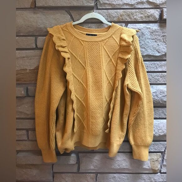 Design History Ruffle cable knit sweater mustard yellow gold size xl - Picture 2 of 9